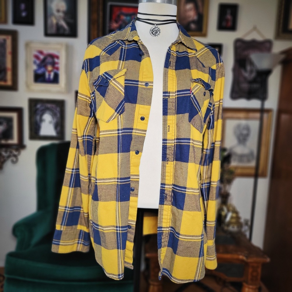 Levis Yellow Flannel Shirt Unisex Blue Plaid Buttonup Top Longsleeve Medium